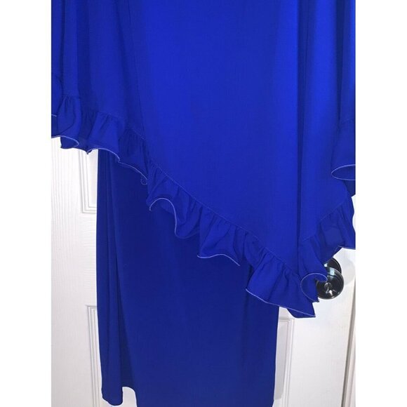 Joseph Ribkoff Sapphire Blue Ruffled Trim Draped Overlay Sheath Dress Size 2 - Picture 4 of 7